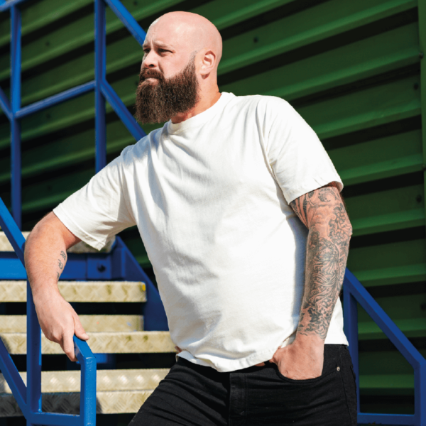 The Plain Tee in Bone in sizes M, L, X, XXL. On the Spanners, UK. 100% Combed Cotton