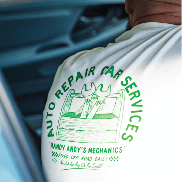 Toolbox Tee in Bone. Quality mechanic's t-shirt from On the Spanners.
