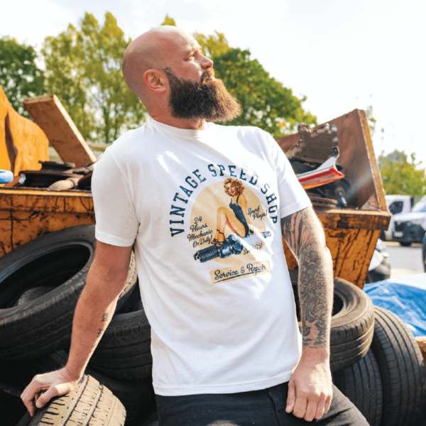 Classic Vintage Pin-up Tee in Bone from On the Spanners. T-shirt sizes: M, L, XL, XXL