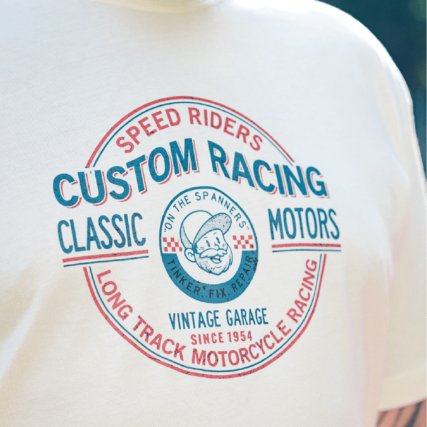 Classic Motors Tee in Bone with the speed riders custom racing print on the front