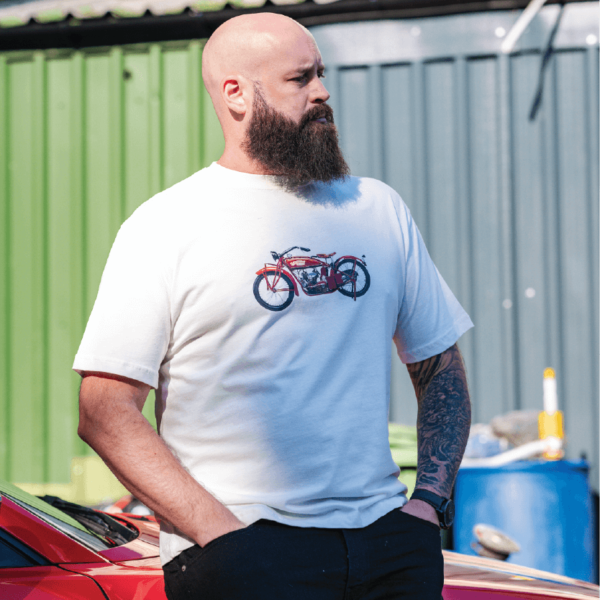 Indiana Tee in Bone colour from On the Spanners. Harley inspired t-shirt design. Gifts for a mechanic.