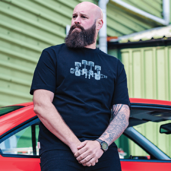 Piston Tee in Black. Mechanic's t shirt. Sizes M, L, XL, XXL